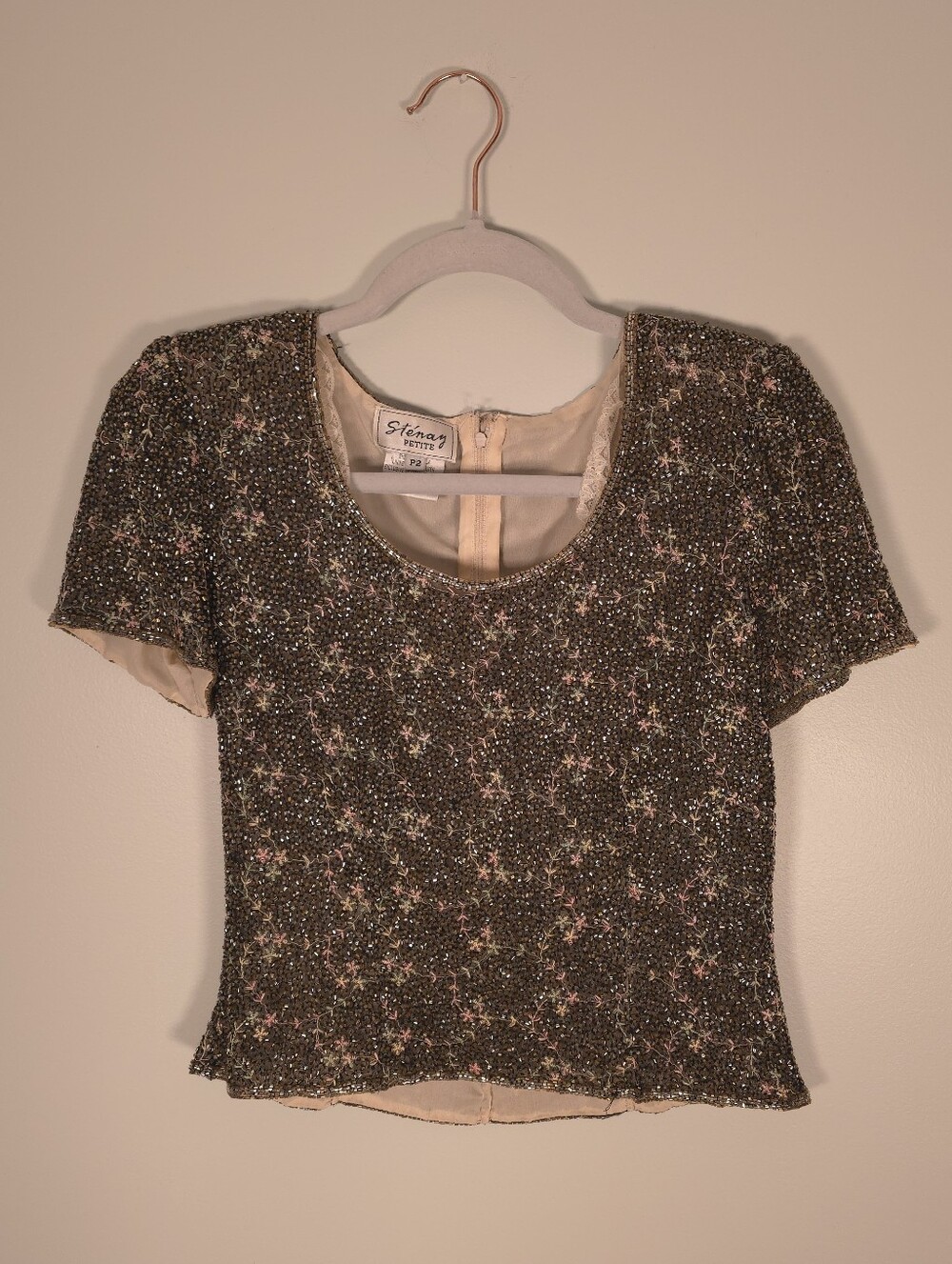 Stenay Petite Sz 2 Beaded Short Sleeve Shirt Zip Vintage Formal Occasion Event